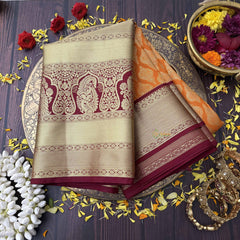 Vriksham Orange Saree Minakari Work With Contrast Marron Temple Zari Kanchi Silk Saree-VS4750