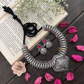 Vriksham Elegant Peacock & Lakshmi Oxidized Silver Temple With Black Thread Neckpiece-S948