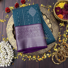 Vriksham Teal Blue With Silver Zari Butta & Veldhaari Purple Border Kanchi Silk Saree-VS4773
