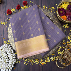 Vriksham Royal Violet With Gold Butta & Veldhaari Pastel Pink Zari Border Kanchi Silk Saree-VS4772