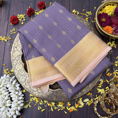 Vriksham Royal Violet With Gold Butta & Veldhaari Pastel Pink Zari Border Kanchi Silk Saree-VS4772