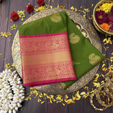 Vriksham Parrot Green With Gold Butta & Veldhaari Pink Zari Border Kanchi Silk Saree-VS4771