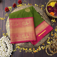 Vriksham Parrot Green With Gold Butta & Veldhaari Pink Zari Border Kanchi Silk Saree-VS4771