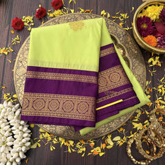 Vriksham Lime Green With Purple Double Border & Circular Zari Motifs Kanchi Silk Saree-VS4785