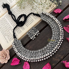 Vriksham Chevron Weave Oxidized Silver With Black Thread Neckpiece-S950