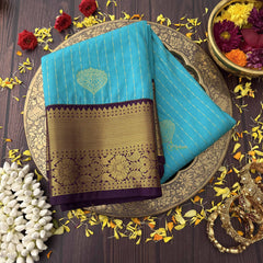 Vriksham Aqua Blue With Gold Butta & Veldhaari Maroon Zari Border Kanchi Silk Saree-VS4769