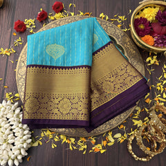 Vriksham Aqua Blue With Gold Butta & Veldhaari Maroon Zari Border Kanchi Silk Saree-VS4769