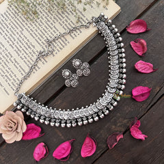 Vriksham Classic Temple-Inspired Lakshmi Coin Oxidized Silver Neckpiece-S951