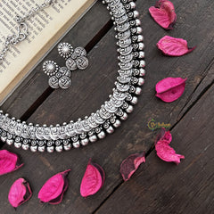 Vriksham Classic Temple-Inspired Lakshmi Coin Oxidized Silver Neckpiece-S951