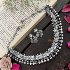 Vriksham Classic Temple-Inspired Lakshmi Coin Oxidized Silver Neckpiece-S951