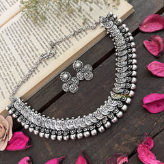 Vriksham Classic Temple-Inspired Lakshmi Coin Oxidized Silver Neckpiece-S951