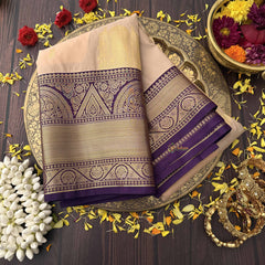 Vriksham Luxury Peach With Violet-Gold Full Brocade Work Kanchi Silk Saree-VS4776
