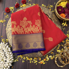 Vriksham Regal Red Color With Silver Zari Palakku Blue Border Kanchi Silk Saree-VS4749