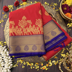 Vriksham Regal Red Color With Silver Zari Palakku Blue Border Kanchi Silk Saree-VS4749
