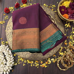 Vriksham Plum Maroon With Copper Zari and Green Selvedge Kanchi Silk Saree-VS4778