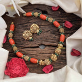 Vriksham Sharvani Temple Elegance With Coral & Emerald Accents Bead Neckpiece-G20641