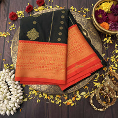 Vriksham Radiant Black With Gold Butta & Veldhaari Zari Border Kanchi Silk Saree-VS4768