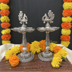 Vriksham Antique Finish Small Oxidized Silver Traditional Lamp / Samai for Puja Rituals-RG189