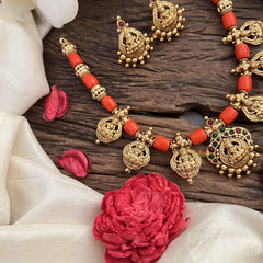 Vriksham Goddess Glow Temple Lakshmi Pendant Coin With Coral Bead Neckpiece-G20640