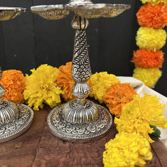 Vriksham Antique Finish Small Oxidized Silver Traditional Lamp / Samai for Puja Rituals-RG189