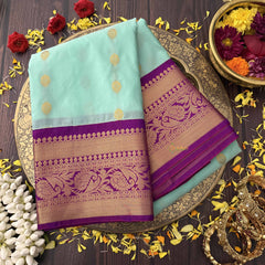 Vriksham Sea Green Gold Butta Minakari Work With Purple Border Kanchi Silk Saree-VS4782