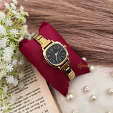 Vriksham Vintage Gold Square Minimalist Black Face & Thin Metal Strap Watch-G21962