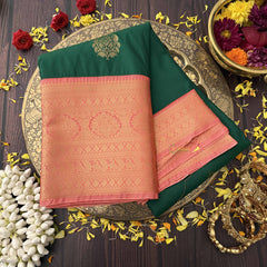 Vriksham Green With Pink Border Minakari Work & Full Silver Zari Kanchi Silk Saree-VS4781
