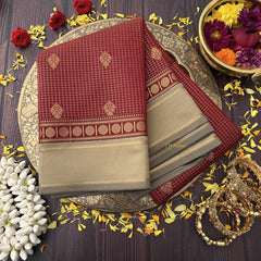 Vriksham Traditional Maroon Podi kattam With Gold Zari Kanchi Silk Saree-VS4757