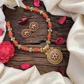 Vriksham Elephant Golden Grace & Floral pendant Temple & Coral Bead Neckpiece-G20642