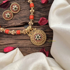 Vriksham Elephant Golden Grace & Floral pendant Temple & Coral Bead Neckpiece-G20642