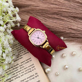 Vriksham Vintage Gold Square Minimalist Pink Face & Thin Metal Strap Watch-G21964