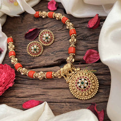 Vriksham Elephant Golden Grace & Floral pendant Temple & Coral Bead Neckpiece-G20642