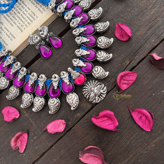 Vriksham Royal Purple Teardrop Stone Oxidized With Blue Thread Detailing Neckpiece-S952