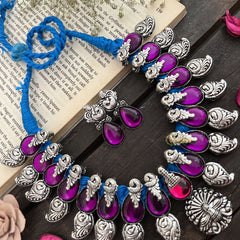 Vriksham Royal Purple Teardrop Stone Oxidized With Blue Thread Detailing Neckpiece-S952