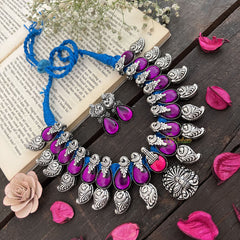 Vriksham Royal Purple Teardrop Stone Oxidized With Blue Thread Detailing Neckpiece-S952