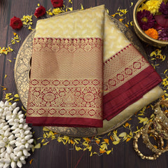 Vriksham Regal Golden Beige With Maroon Zari Border & Pallu Kanchi Silk Saree-VS4789