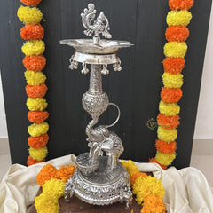 Vriksham Antique Finish Oxidized Silver Elephant Traditional Lamp / Samai for Puja Rituals -RG187