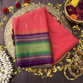 Vriksham Vibrant Coral Pink With Green & Purple Zari Border Kanchi Silk Saree-VS4790