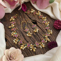 Vriksham Premium AD Stone Lotus Short Neckpiece-Red Green-G15914