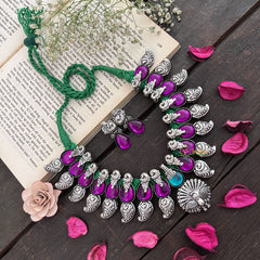Vriksham Purple Glass Peacock Style With Green Thread & Oxidized Silver Finish Neckpiece-S954
