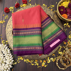 Vriksham Vibrant Coral Pink With Green & Purple Zari Border Kanchi Silk Saree-VS4790