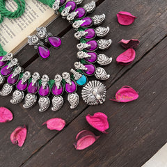 Vriksham Purple Glass Peacock Style With Green Thread & Oxidized Silver Finish Neckpiece-S954