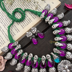 Vriksham Purple Glass Peacock Style With Green Thread & Oxidized Silver Finish Neckpiece-S954