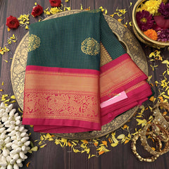 Vriksham Green Podi kattam With Red Kanchi Silk Saree-VS4756