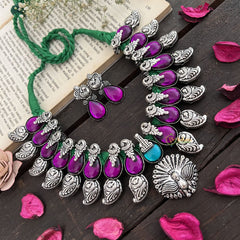 Vriksham Purple Glass Peacock Style With Green Thread & Oxidized Silver Finish Neckpiece-S954