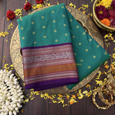 Vriksham Teal Green With Purple Border & Silver Zari Detailing Minakari Work Kanchi Silk Saree-VS4783