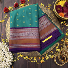 Vriksham Teal Green With Purple Border & Silver Zari Detailing Minakari Work Kanchi Silk Saree-VS4783