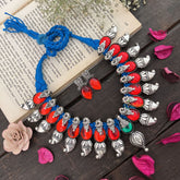 Vriksham Royal Red Peacock Manga Style With Blue Thread & Oxidized Silver Neckpiece-S955