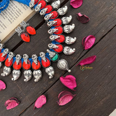 Vriksham Royal Red Peacock Manga Style With Blue Thread & Oxidized Silver Neckpiece-S955