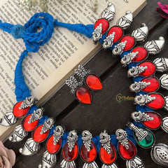 Vriksham Royal Red Peacock Manga Style With Blue Thread & Oxidized Silver Neckpiece-S955